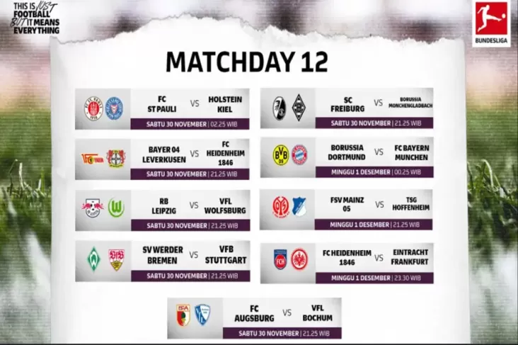 Jadwal dan juga Link Nonton Bundesliga Matchday 12