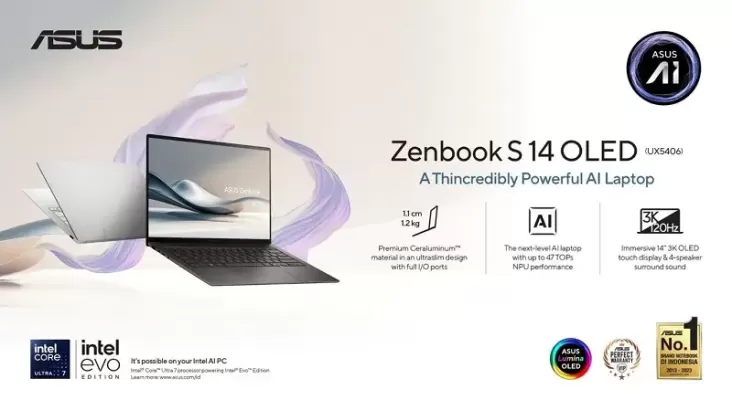 ASUS Zenbook S 14 OLED (UX5406), Laptop Sempit Premium Pertama dengan Intel Core Ultra (Series 2)